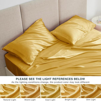 Love's cabin Full Size Satin Sheet Sets - 4 Piece Gold Silky Sheet Set with Deep Pocket, Luxury Silk Feel Satin Sheets Full Bedding Set (1 Flat Sheet,1 Fitted Sheet,2 Pillow Cases)