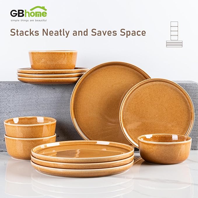 GBHOME Ceramic Dinnerware Sets for 4, 12 Pieces Stoneware Plates and Bowls Sets, Scratch Resistant Dishes, Dishwasher & Microwave Safe, Reactive Glaze-Amber-Mewly Pet