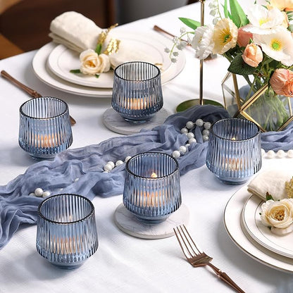 12 Pcs Large Blue Votive Candle Holders- 3.15"×3.15" Ribbed Blue Candle Holders, Blue Tea Lights Candle Holders for Dusty Blue Wedding Decor, Bridal Shower Decorations, Blue Centerpieces for Tables