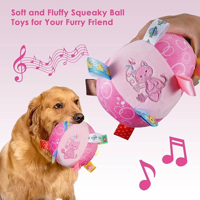 Dog Squeaky Plush Toy with Straps, 6-Inch Soft Stuffed Ball with Cotton Material and Bell Built-in, Pet Interactive Fetch Toy for Small to Large Dog-Mewly Pet