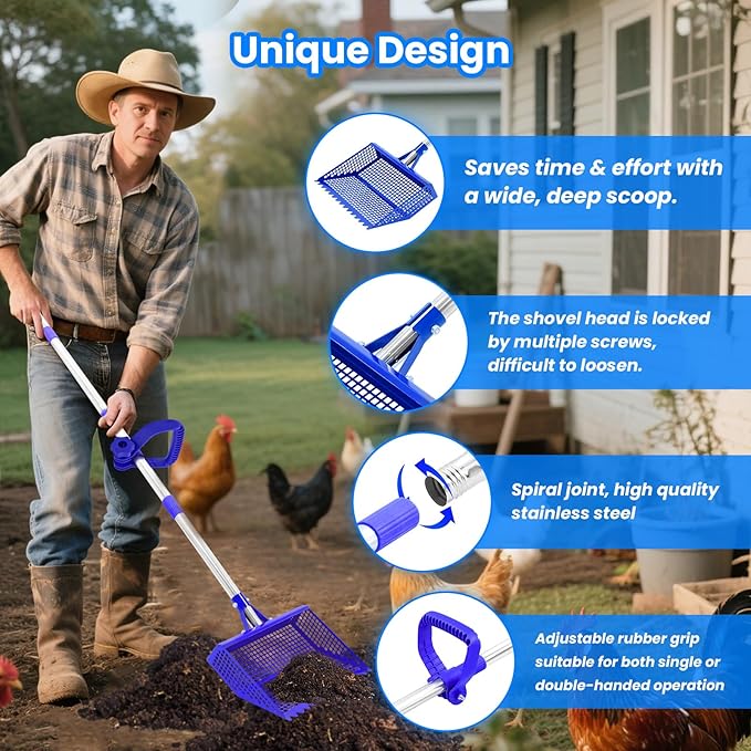 Chicken Poop Scooper Rake 2-in-1, Metal Shovel Head Chicken Coop Accessories, Adjustable 304 Stainless Steel Handle, Litter Scooper Sand Sifting for Chicken Coops Small Farm Animals(36" to 62")-Mewly Pet