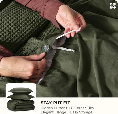 Bedsure Cotton Duvet Cover Full - 100% Cotton Waffle Weave Olive Green Duvet Cover Set, GentleSoft™ and Breathable Bedding Set for All Season, 3 Pieces, 80"x90"