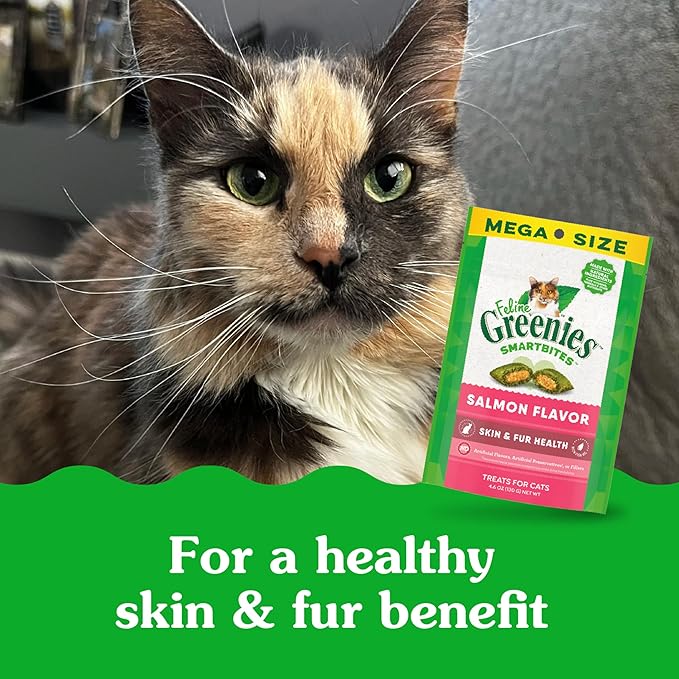 Greenies Feline Smartbites Skin & Fur Health Crunchy and Soft Cat Treats, Salmon Flavor, 4.6 oz. Pack-Mewly Pet