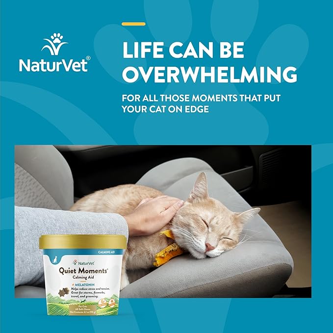 NaturVet –Quiet Moments Calming Aid for Cats Plus Melatonin – 60 Soft Chews – Helps Reduce Stress & Promote Relaxation – Great for Storms, Fireworks, Travel & Grooming-Mewly Pet