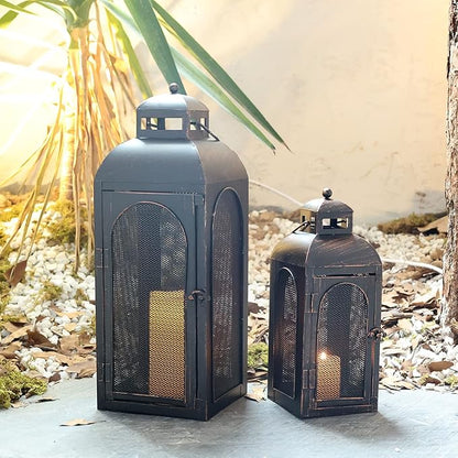 DECORKEY Luxury Lantern Decorative Outdoor & Indoor, Set of 2 (19’’&13’’) Metal Candle Lanterns Decor, Vintage Hanging Candle Holder for Front Porch Patio Wedding Farmhouse Home, Christmas Decorations