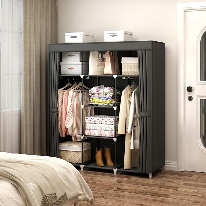 Portable Closet Wardrobe, 51-Inch Clothes Organizer with 2 Hanging Rods and 8 Shelves, Non-Woven Fabric Cover, Medium Capacity Storage for Bedroom and Living Room, Black