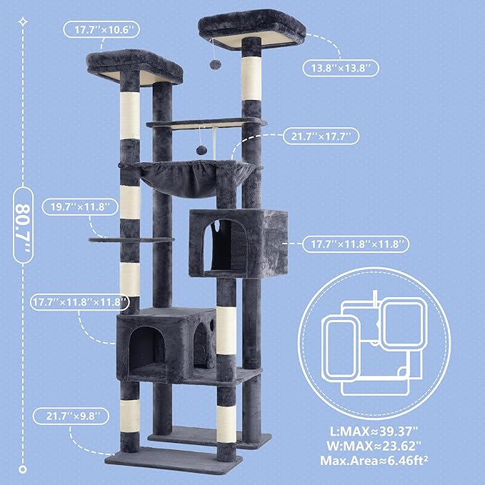 Hey-brother Tall Cat Tree Tower, Heavy Duty Scratching Posts with Large Platforms, Cozy Condos, Big Hammock, Toy Balls, Multi-Level Furniture for Indoor Adult Cats, 80.7 Inches, Smoky Gray MPJ039G-Mewly Pet
