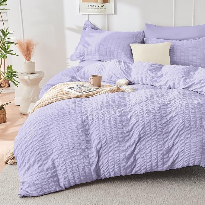 HYMOKEGE Light Purple California King Comforter Set Seersucker 7 Pieces, All Season Luxury Bed in a Bag for Bedroom, Bedding Set with Comforter, Sheets, Pillowcases & Shams