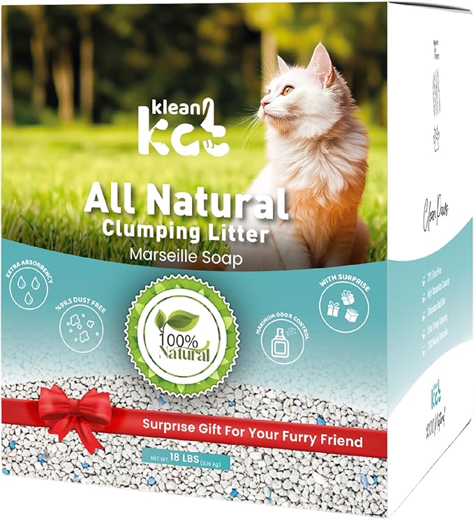All Natural Clumping Cat Litter – Multiple Scents – Low Dust, Odor Control – (Marseille Soap) 18 lb - Surprise Toy Inside-Mewly Pet