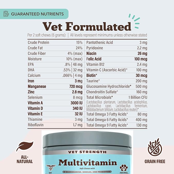 Natural Dog Company Vet Strength Multivitamin Chews for Dogs – Glucosamine, Omega-3 & Biotin for Dogs, Skin & Coat Health, Digestive Health, Immune Support Supplement, Advanced Formula, 90 cnt-Mewly Pet