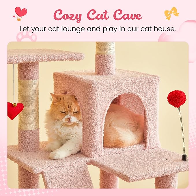 MWPO Cute Cat Tree, 63.8-Inch Pink Cat Tower for Indoor Cats, Multi-Level Cat Condo with 5 Scratching Posts, 2 Perches, Hammock, Dangling Toys-Mewly Pet