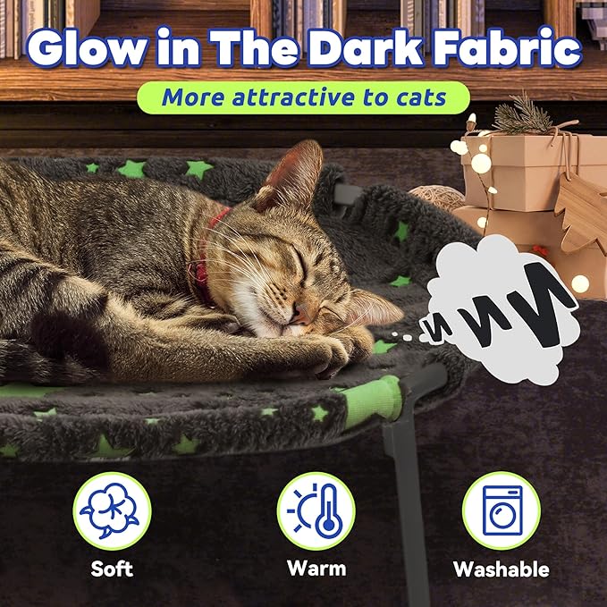 Elevated Cat Bed, Glow-in-The-Dark Fabric Cat Hammock Bed for Large Indoor Cats, Machine Washable & Breathable Cover, Tool Free Easy Assembly, up to 66Lbs (Gray, L)-Mewly Pet