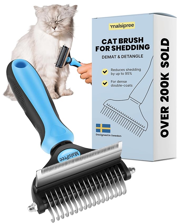 MalsiPree Cat Shedding Brush - 2 in 1 Deshedding Tool & Undercoat Rake for Dense Double-Coats - Dematting Comb - Deshedding Brush for Cats - Pet Hair Removal Tool (Blue) - Dog Grooming Supplies-Mewly Pet