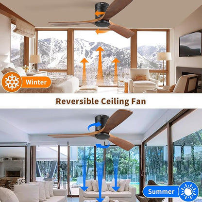 Sofucor Ceiling Fan No Light, 52 Inch Flush Mount Ceiling Fan With Remote Control, Indoor/Outdoor Ceiling Fans Without Lights, Reversible DC Motor, 3 Blade Solid Wood Ceiling Fans for Bedroom Patio