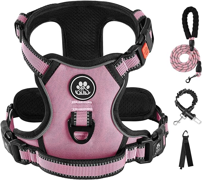 IVY&LANE No Pull Dog Harness for Large Dogs, Reflective Dog Vest Harness with Leash, Safety Belt and Storage Strap, Fully Adjustable Harness with Soft Handle (Pink, L)-Mewly Pet