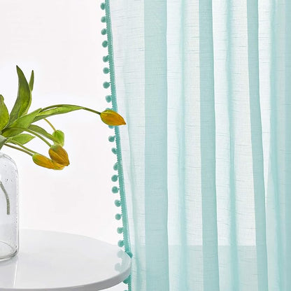 Treatmentex Pompom Sheer Window Curtains for Bedroom Aqua-Blue 95inches Length Decorative Sheer Window Drapes for Wedding Party Ceremony 52" W x 2 Panels Rod Pocket