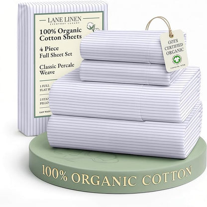 LANE LINEN 100% Organic Cotton Full Sheet Set, Low Pilling Fade Resistant Machine Washable Naturally Cooling Full Bed Sheets, Soft & Comfy Printed Cotton Bedding- Blue Ticking Stripe