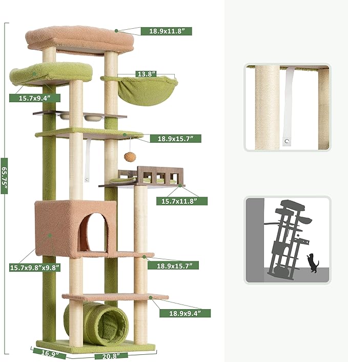 Cat Tree with Tunnel, Cat Tower for Indoor Cats, Tall Cactus Cat Tree Tower with Cat Condo, Food Station, Large Platform, Scratching Posts, Hammock, Green and Yellow GCT021GY-Mewly Pet