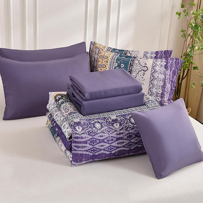 Cottolester Boho Full Comforter Set 8 Pieces,Violet Bohemian Striped Bed in a Bag, Paisley Soft Microfiber Bedding Comforter Set