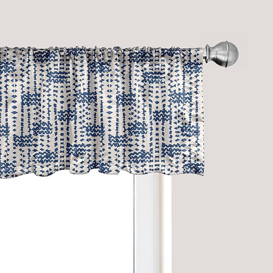 Ambesonne Ethnic Window Valance, Messy Waves and Small Triangles Indonesian Traditional Pattern Watercolors, Curtain Valance for Kitchen Bedroom Decor with Rod Pocket, 42" x 12", Navy Blue and Cream