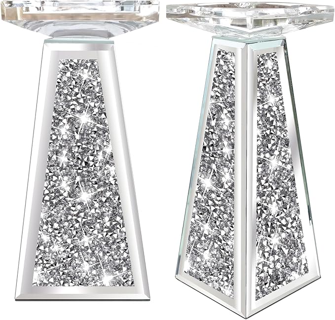 Wocred 2 Piece Candlestick Holders for Holding Pillar Candles, Crystal Crushed Diamond Candle Holders Set Decor for Dinning Room, Silver Glass Votive Candle Holders for Table Centerpiece(8”)