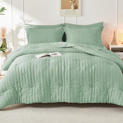 HYMOKEGE Sage Green Queen Comforter Set Seersucker 7 Pieces, All Season Luxury Bed in a Bag for Bedroom, Bedding Set with Comforters, Sheets, Pillowcases & Shams