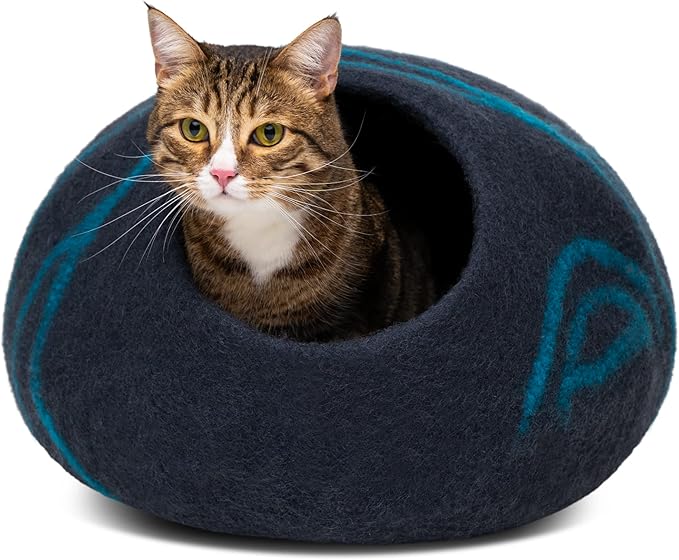 MEOWFIA Cat Cave – Premium Felt Cat Bed for Indoor Cats, Handmade 100% Merino Wool (Medium, Black Aqua)-Mewly Pet