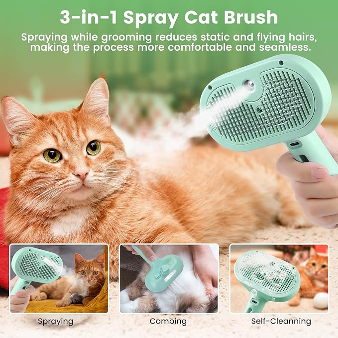 3 in 1 Cat Steam Brush, Pet Spray Hair Removal Comb for Shedding & Grooming, Water Brush for Cats Dogs Small Animals Long Short Haired with One-Click Release Button(Green)-Mewly Pet