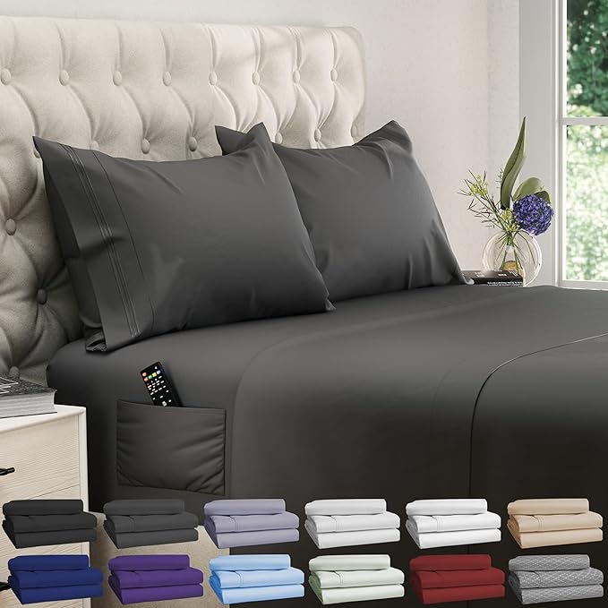 DREAMCARE Queen Sheet Set – 4 pcs Cooling Sheets – up to 21” Deep Pocket Queen Sheets – Hotel Luxury Sheets & Pillowcases – Superior Softness 100% Fine Microfiber with Side Pocket – Gray