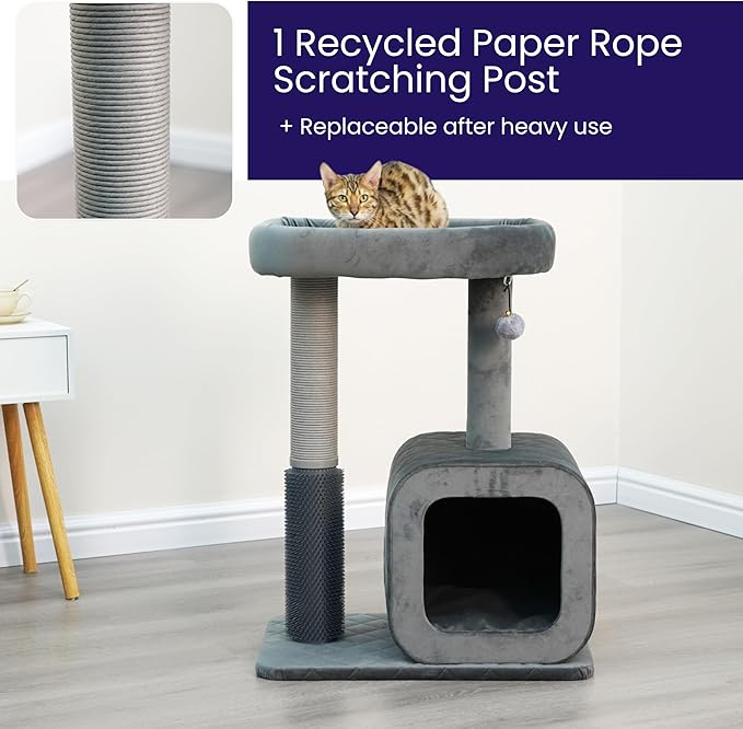 Catry 30" High 3 Level Modern Cat Tree with Large Base Condo,Removable Washable Top Bed, Recycled Paper Scratching Post, Self Grooming Brush, for Small Medium Cat(Dim Gray)-Mewly Pet