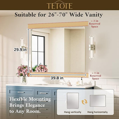 TETOTE Brushed Nickel Bathroom Mirror 40 x 30 Inch Brushed Nickel Metal Framed Bathroom Mirror, Tempered Glass, Modern Farmhouse Wall Mounted Mirror for Decorative(Horizontal/Vertical)