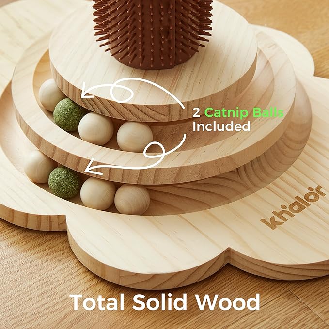 Cat Sisal Scratching Post, 4 in 1 Wooden Cat Scratcher Toy with Groomer, 24" Tall Scratch Post with 2-Layer Interactive Track Balls, Cat Climbing Tree with 2 Hanging Balls for Kittens-Mewly Pet