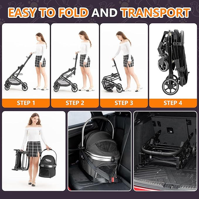 Kenyone 3-in-1 Pet Stroller for Small Medium Dogs Puppy Cat Stroller with Detachable Carrier & Pad Lightweight Foldable Aluminum Alloy Frame Dual No-Zip Entry(Black)-Mewly Pet