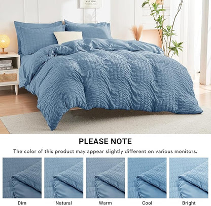 HYMOKEGE Mineral Blue Queen Comforter Set Seersucker 7 Pieces, All Season Luxury Bed in a Bag Queen for Bedroom, Bedding Set with Comforter, Sheets, Pillowcases & Shams