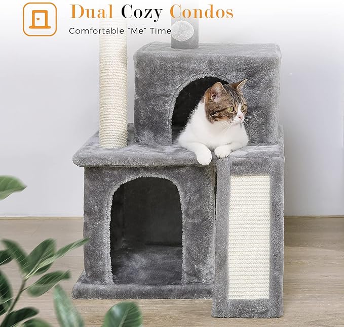 PAWZ Road 34 Inches Cat Tree Multilevel Cat Tower with Double Condos, Spacious Perch, Fully Wrapped Scratching Sisal Post and Replaceable Dangling Balls Gray-Mewly Pet