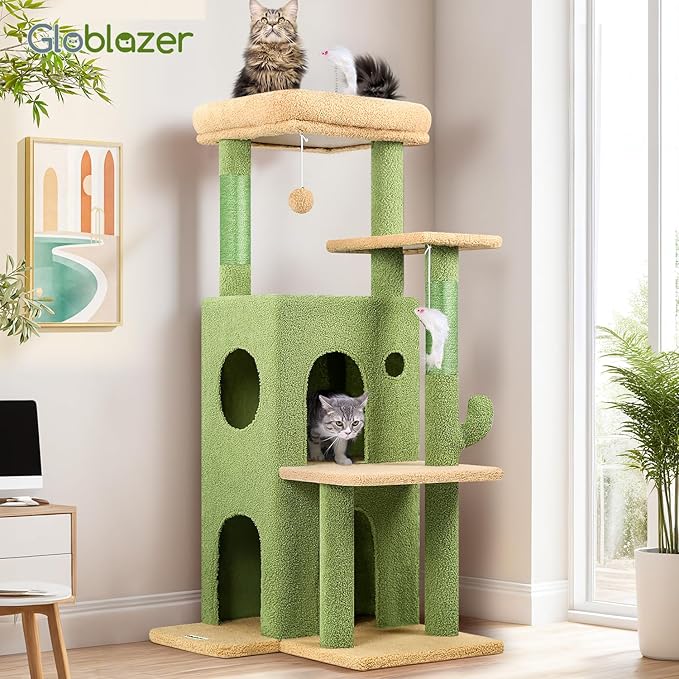 Globlazer Cactus Cat Tree Tower for Indoor Cats, 50-inch Adult Cat Tree House for Large Adult Cats with Steps, Scratching Post, 2 Cat Caves, Dangling Toys, FC50, Green-Mewly Pet