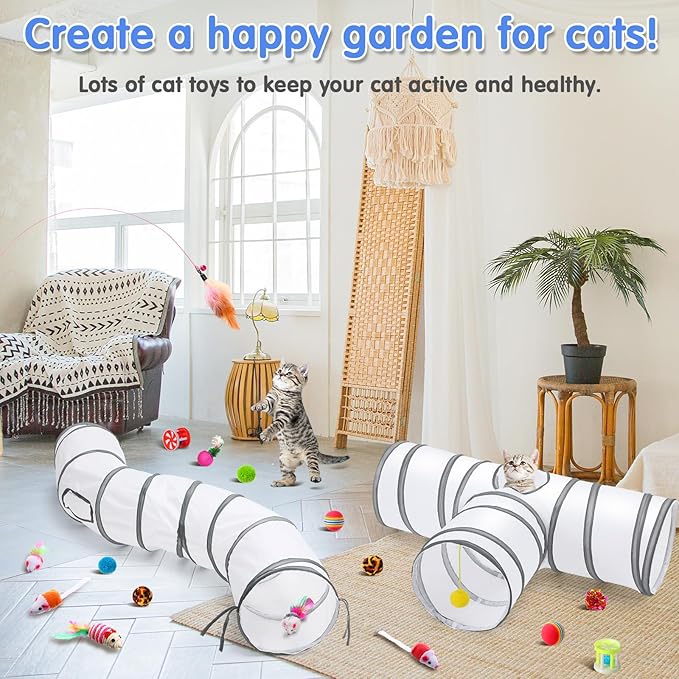 Wettarn 22 Pieces Cat Toys Set, with 2 Collapsible Tunnels for Indoor Cats and 20 Kitten Toys Tubes and Tunnels Interactive Feather Mouse Crinkle Balls for Pets Puppies(White)-Mewly Pet