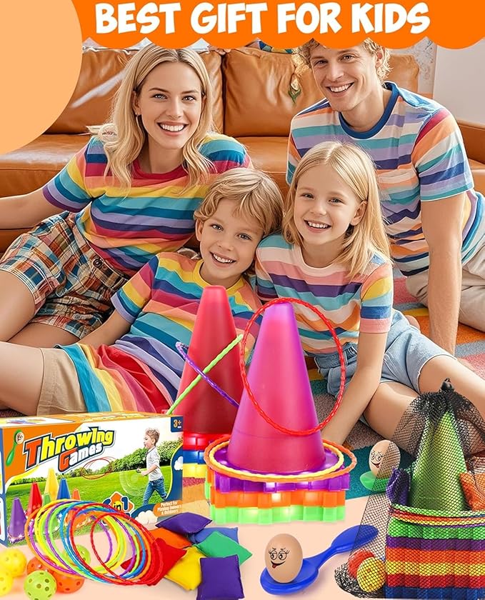 Eocolz 49PCS Carnival Games Outdoor Combo Set for Kids with LED Light, Plastic Cones Obstacle Course Bean Bags Balls Ring Toss Game Egg and Spoon Race Lawn Game, Gift for Birthday Party/Xmas/Easter-Mewly Pet