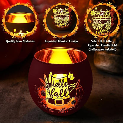 VIHOSE 6 Set Thanksgiving Votive Candle Holders with 6 LED Battery Operated Candles Fall Glass Tealight Holders Fall Table Decorations for Home Table Centerpiece Decor Gifts