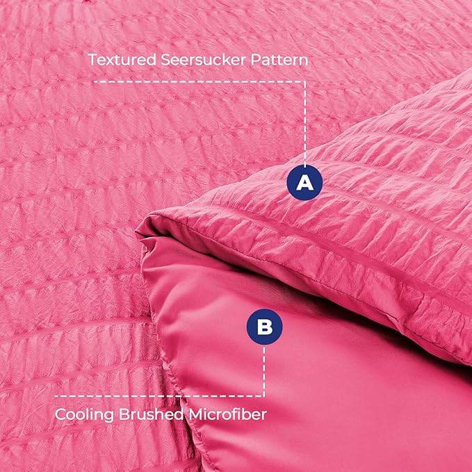 HYMOKEGE Hot Pink California King Comforter Set Seersucker 7 Pieces, All Season Luxury Bed in a Bag for Bedroom, Bedding Set with Comforter, Sheets, Pillowcases & Shams