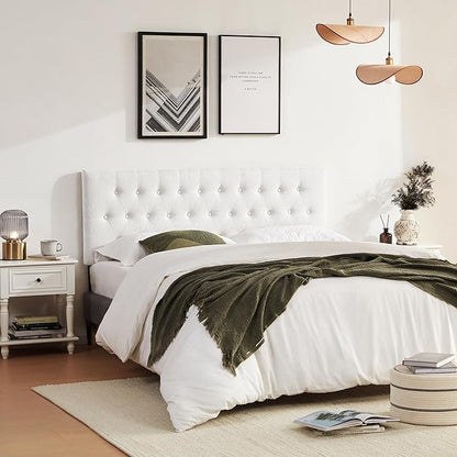 Tufted Upholstered Headboard Twin Size, Solid Wood Head Board with Durable Metal Legs, Adjustable Height Twin XL headboard from 37” to 51” Fabric Headboard in Modern Button Design, White