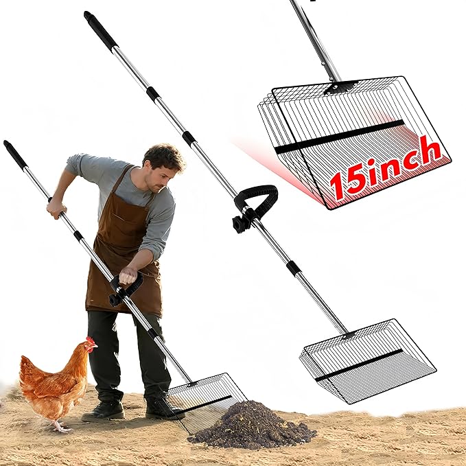 15inch Large Chicken Poop Scooper, 2 Slot Widths (0.16"&0.28"), 39" to 76" Adjustable Stainless Steel Handle, Sifting Litter Shovel for Chicken Coop/Stables/Farm Cleaning(with Effortless Grip)-Mewly Pet
