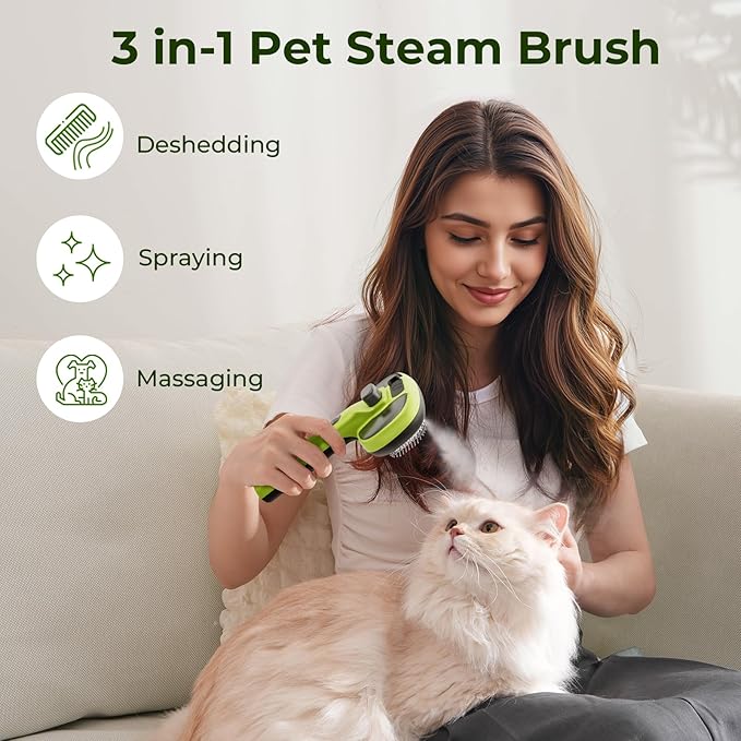 Pecute Cat Steam Brush, Self-Cleaning Steam Cat Brush with 2 Water Spray Modes, Large Capacity Tank, Steaming Renu Dog Brush for Shedding Massaging Grooming, Cool Mist Only-Mewly Pet