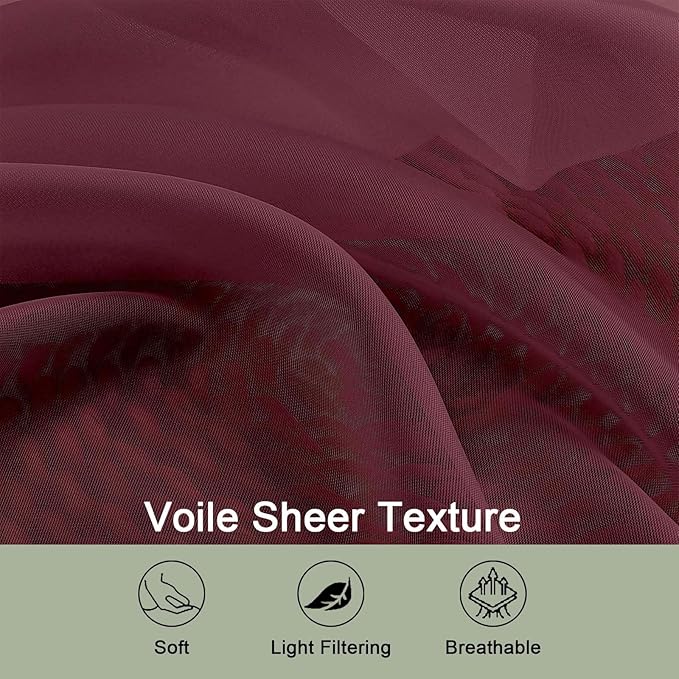 OWENIE Burgundy Sheer Curtain 90 Inches Long 2 Panels Set, Solid Filmy Drapes for Living Room Bedroom, Elegant Window Sheer Curtain Panels Drapes, 2 Pcs, Each 59W x 90L Inch