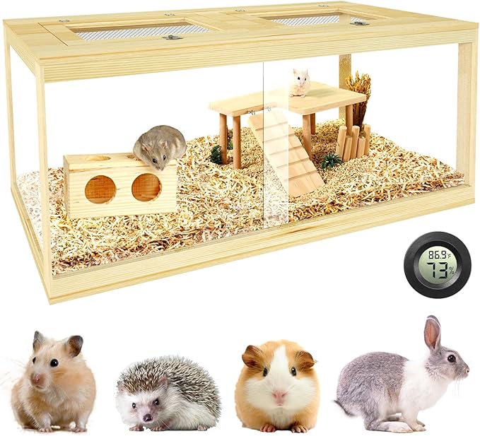 Large Hamster Cage 48", Front Opening Lockable Sliding Door Gerbil Cage, Dwarf Hamster Cage with Metal Mesh Roof, Chewproof Syrian Hamster Habitat Enclosure, (Wooden, 48" L x 20" W x 20" H)-Mewly Pet