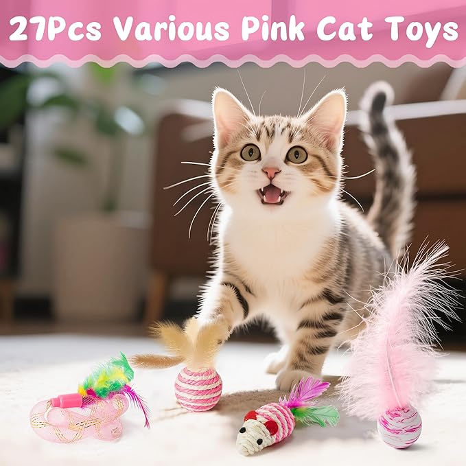 MALLMALL6 Cat Interactive Toys Set - 27Pcs Kitten Toys Stuff Pink Feather Teaser Wand Springs Mice Sisal Fish Crinkle Balls Bell Balls, Puzzle Gift Pack for Indoor Kitty Play Exercise-Mewly Pet