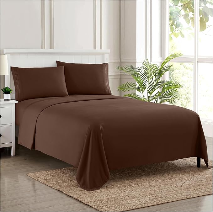 Twin XL Sheets - Breathable Luxury Sheets with Full Elastic & Secure Corner Straps Built In - 1800 Supreme Collection Extra Soft Deep Pocket Bedding Set, Sheet Set, Twin XL, Brown