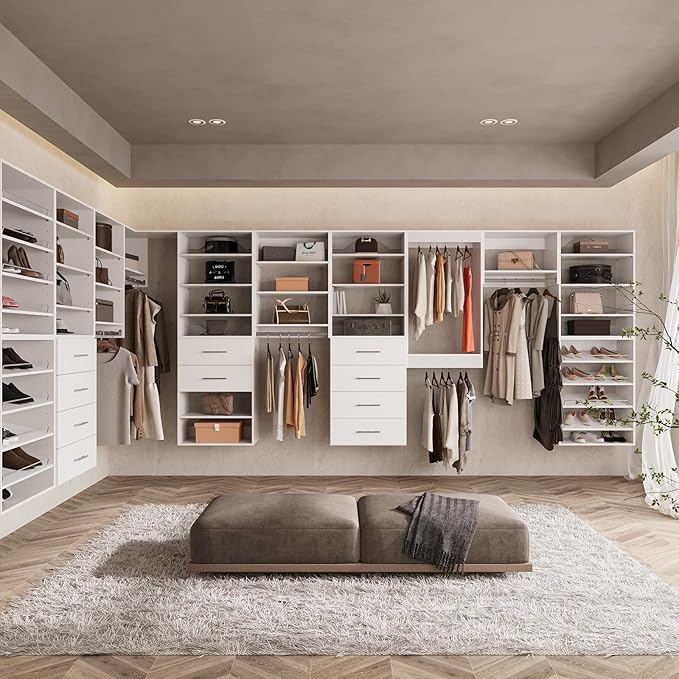 ROOMTEC 19.5" 4 Drawer Short Tower Closet Unit, Modular Closet System with Drawers and Shelf, Wardrobe Organizer for Bedroom or Walk-in Closet, Wall Mounted, Customizable Clothes Storage Unit, White