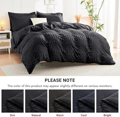 HYMOKEGE Black Twin XL Comforter Set Seersucker 5 Pieces, All Season Luxury Bed in a Bag for Bedroom, Bedding Set with Comforters, Sheets, Pillowcase & Sham