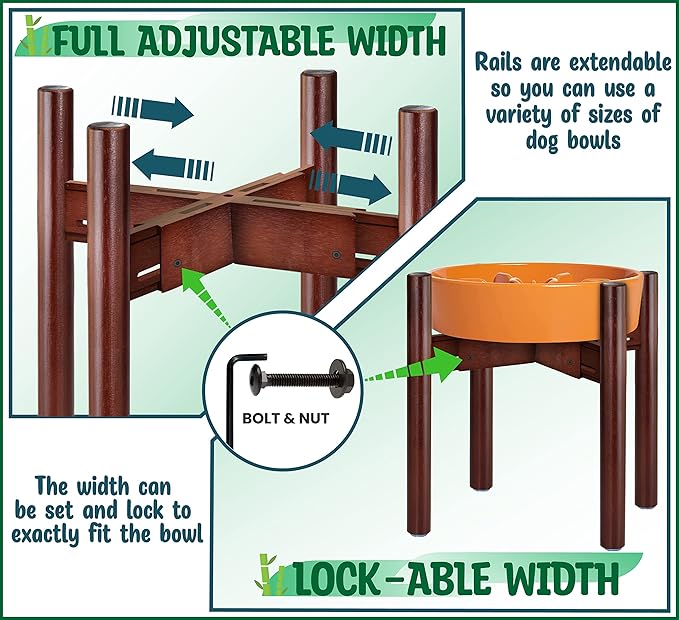 Stand for Dog Water/Food Bowl, Fountain Dishes and Feeders - Makes 14-inch High, Ideal for Large Breeds - Adjustable Sideways with Lock, Dark Wood - Bowls Not Included-Mewly Pet